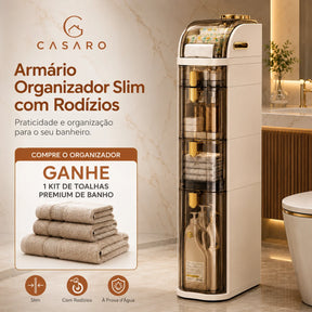 Armário Organizador Slim para Banheiro com Rodízios + Brinde: Kit de Toalhas Premium